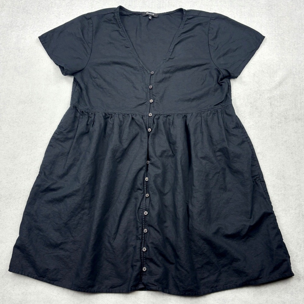 Madewell Linen Blend Babydoll Dress Womens Medium Black Button Front Pockets M